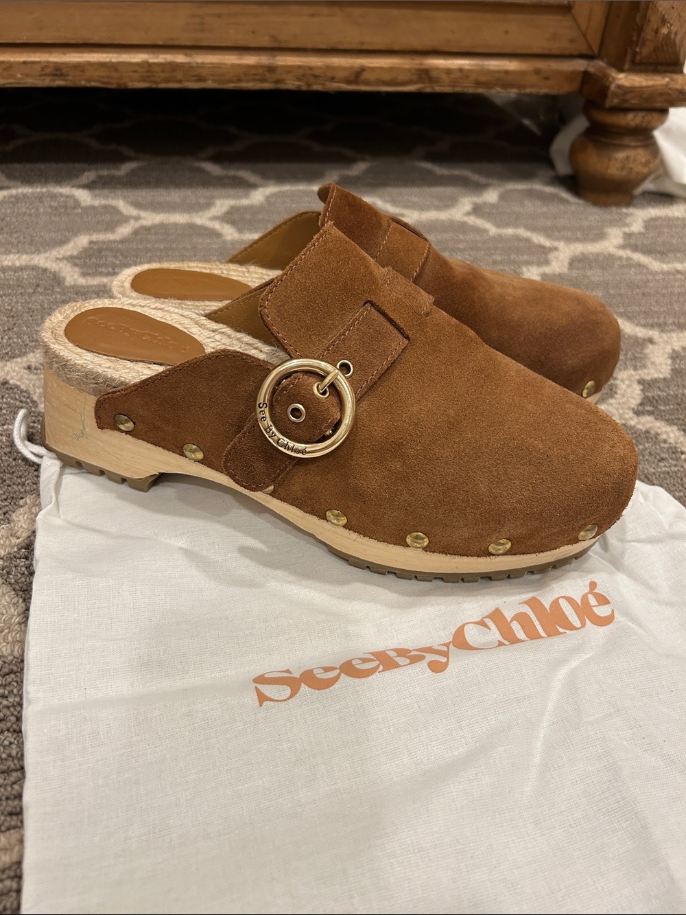 See By Chloe Tan Suede Buckle Clog Mules